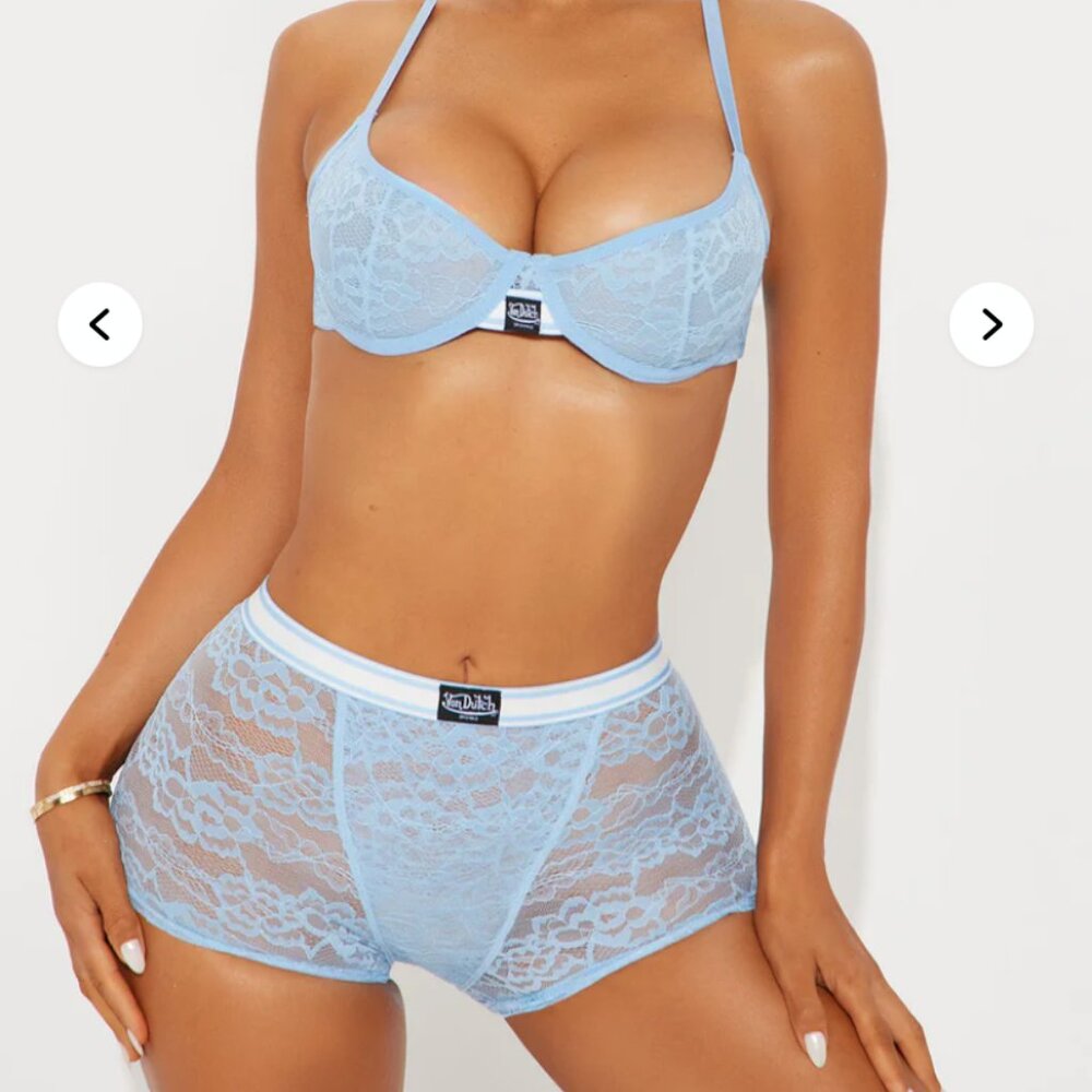 Von Dutch Lace Underwire Bra And Boxer Short 2 Piece Set Size Medium - Blue